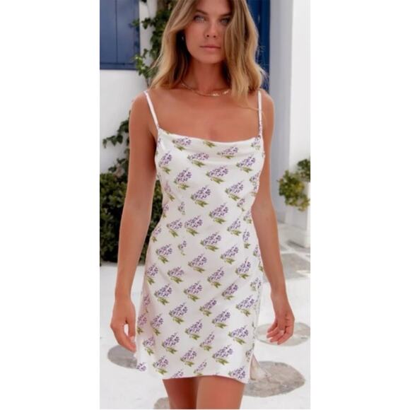 Sau Lee Gabby Floral White and Purple Slip Mini Dress Size 6 - Picture 2 of 8